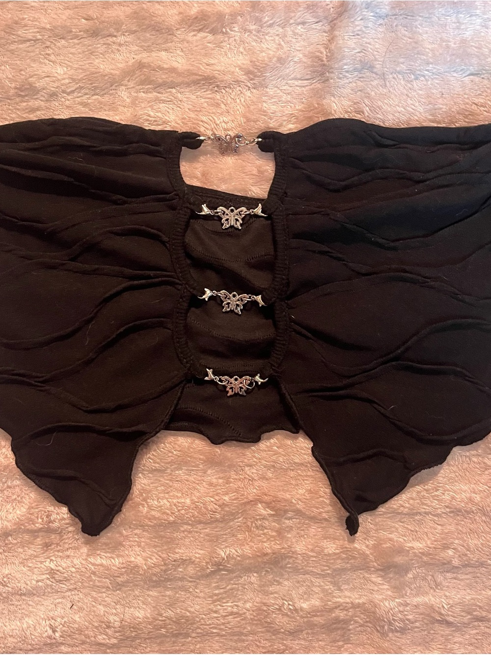 Black Cropped Hook-Front Top with Decorative Butterfly Clasps